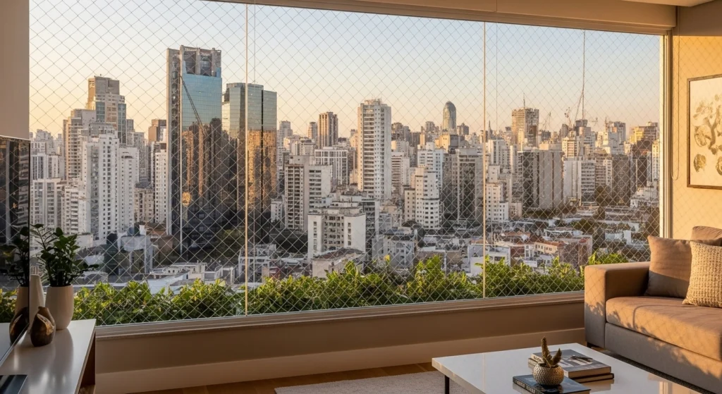 Janela de apartamento no centro de Cotia com rede de proteção para crianças.