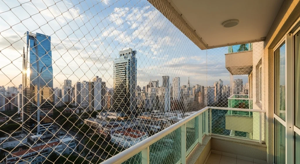Janela de quarto infantil com rede de proteção em apartamento no Jardim Belval, Barueri.