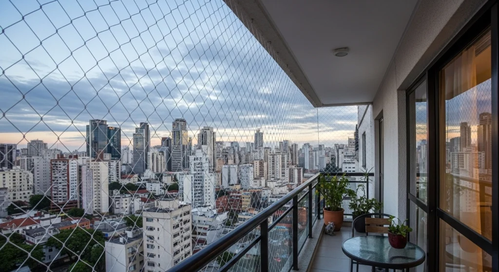 Rede de proteção instalada em varanda de apartamento no bairro Cidade Nova, Indaiatuba.
