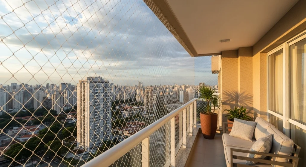 Rede de proteção instalada em varanda de apartamento na Avenida Norte-Sul, Campinas.