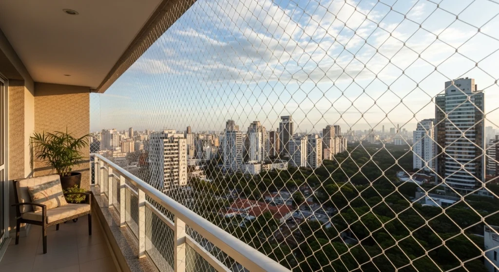 Rede de proteção instalada em varanda de apartamento na Vila Augusta, Guarulhos.