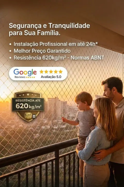 Rede de proteção da Brasil Redes instalada na sacada de um apartamento em São Paulo, garantindo a segurança de uma família.